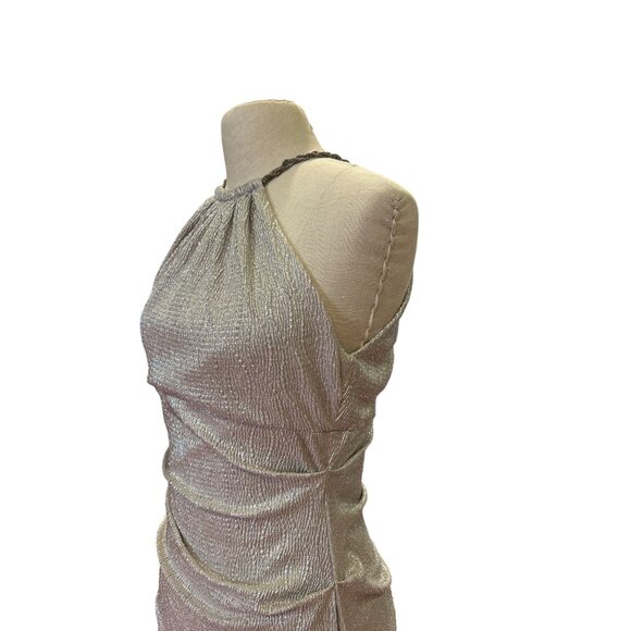 XSCAPE Silver Metallic Halter Neck Gown With Chain Detail Elegant Long Dress Eve - Picture 3 of 11